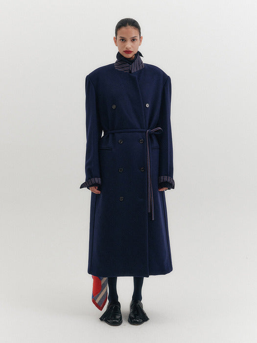 Eenk Tailored Belted Long Coat - Navy