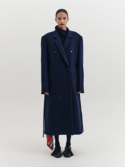 Eenk Tailored Belted Long Coat - Navy