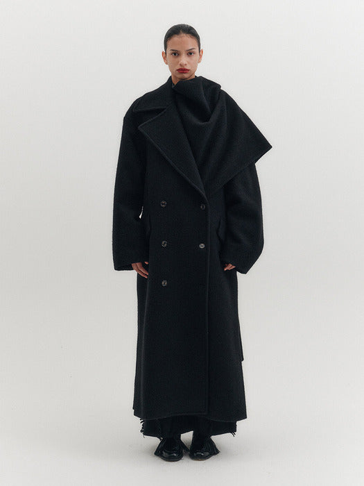 Eenk Muffler Double Long Coat - Black