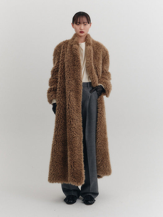 Eenk Oversized Faux Fur Long Coat - Camel