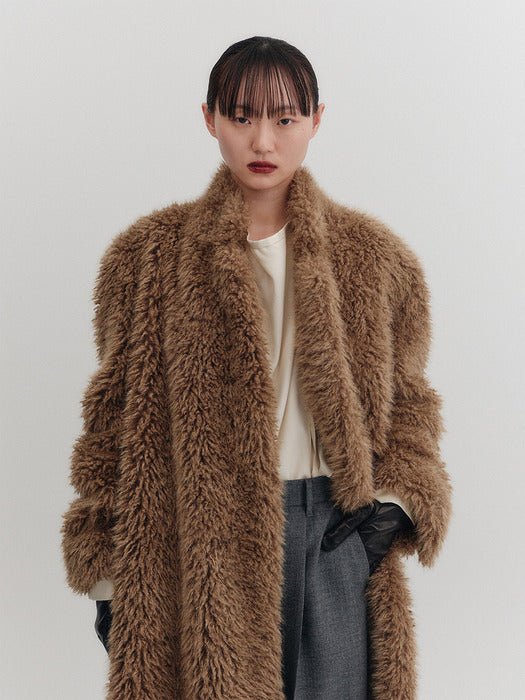 Eenk Oversized Faux Fur Long Coat - Camel