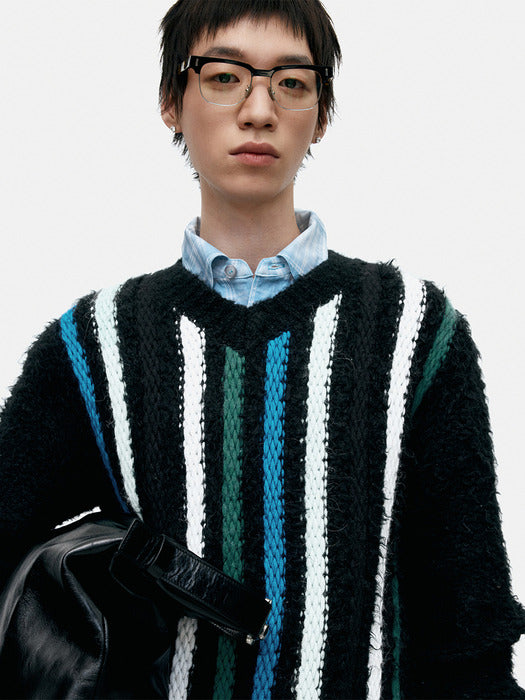 [andersson bell] UNISEX V-NECK REVERSE STRIPE SWEATER atb1350u(BLACK)