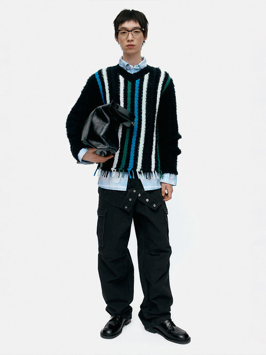 [andersson bell] UNISEX V-NECK REVERSE STRIPE SWEATER atb1350u(BLACK)