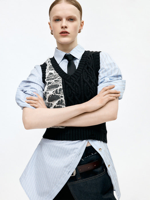 [andersson bell] BOUCLE CABLE PATCHWORK KNIT VEST atb1355w(CHARCOAL)