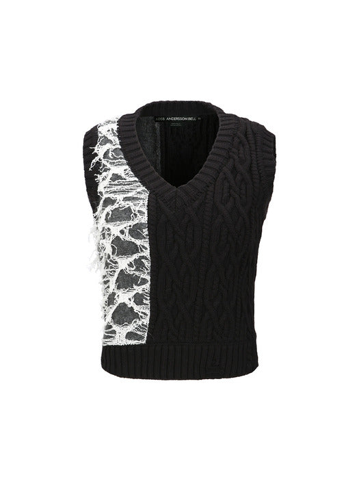 [andersson bell] BOUCLE CABLE PATCHWORK KNIT VEST atb1355w(CHARCOAL)
