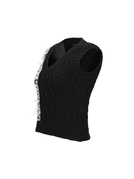 [andersson bell] BOUCLE CABLE PATCHWORK KNIT VEST atb1355w(CHARCOAL)