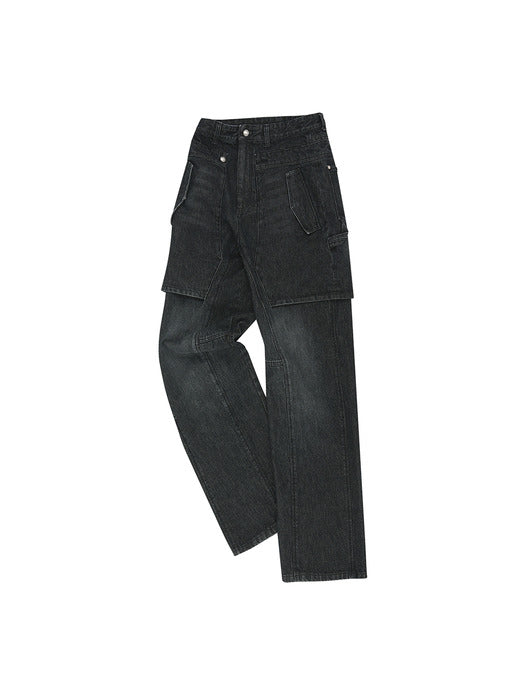 [andersson bell] UNISEX RAPTOR LAYERED WIDE-LEG JEANS apa838u(WASHED BLACK)