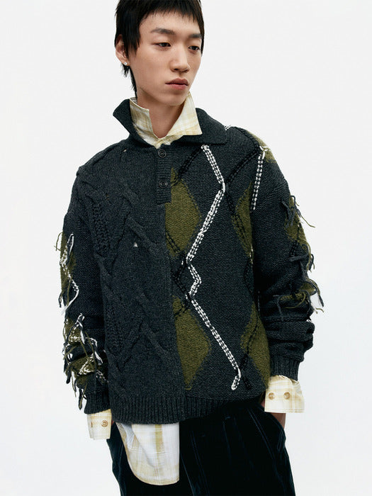 [andersson bell] ARGYLE FISHERMAN POLO SWEATER atb1346m(CHARCOAL)