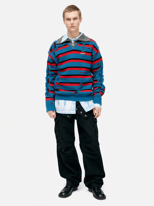 [andersson bell] STRIPE JACQUARD HALF ZIP-UP SWEATER atb1331m(BLUE/RED)