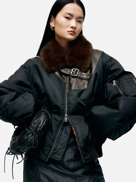 [andersson bell] FUR COLLAR LEATHER PATCH MA-1 BOMBER awa736u(BLACK)