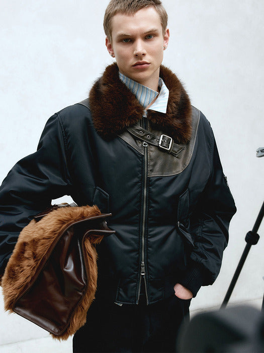 [andersson bell] FUR COLLAR LEATHER PATCH MA-1 BOMBER awa736u(BLACK)