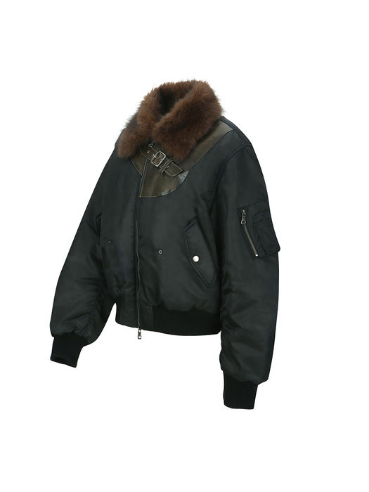 [andersson bell] FUR COLLAR LEATHER PATCH MA-1 BOMBER awa736u(BLACK)
