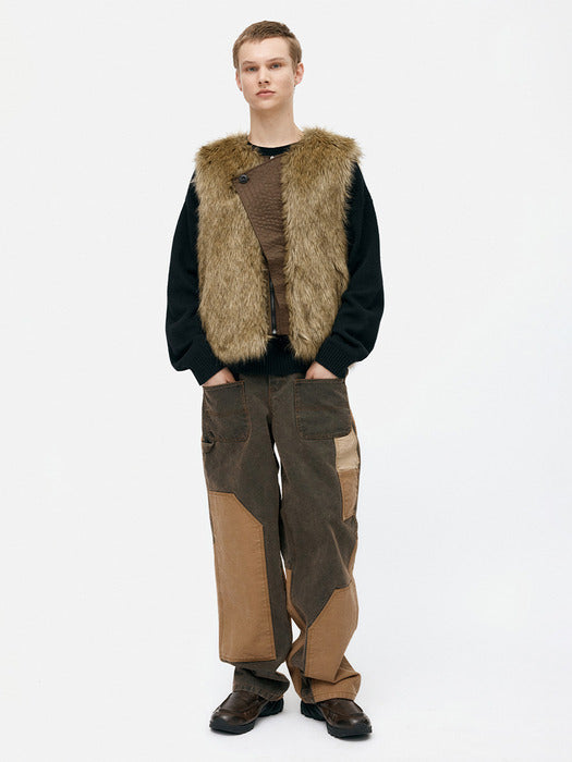 [andersson bell] UNISEX CURVED PLACKET REVERSIBLE FAUX-FUR VEST awa722u(BROWN)