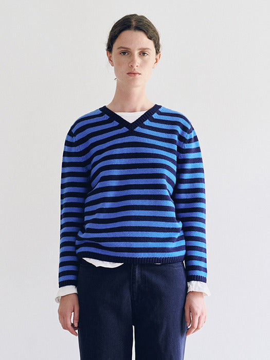 Nothing Written Molly V-Neck Pullover (Ocean Stripe)
