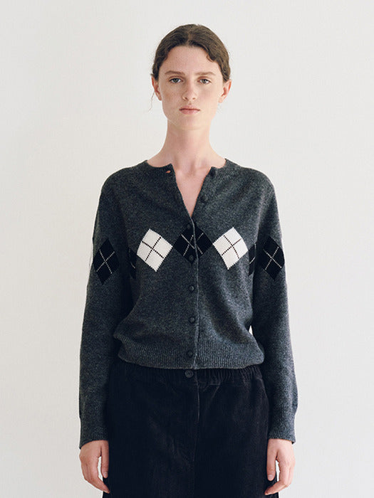 [nothing written] Heritage Argyle Knit Cardigan (Dark Gray)