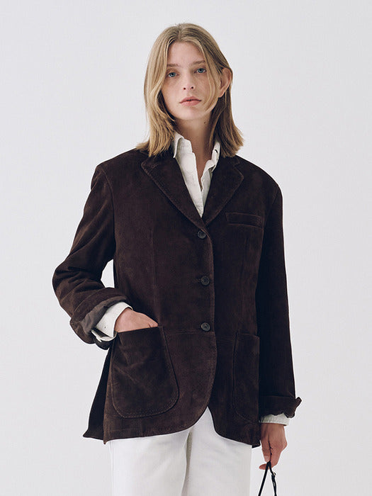 [nothing written] Suede Leather Tailored Jacket (Brown)