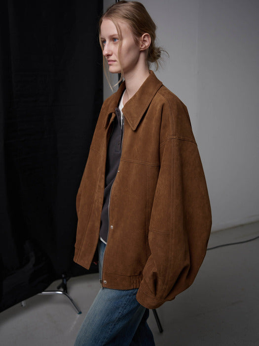 [facade pattern] Oversized Stitch Suede Bomber Jacket_camel