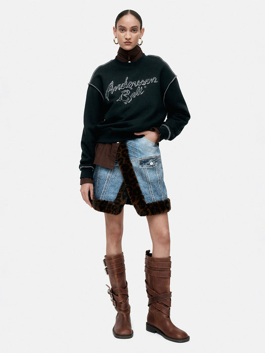 [andersson bell] FUR-EDGED DENIM PRINT SKIRT apa863w(BLUE)