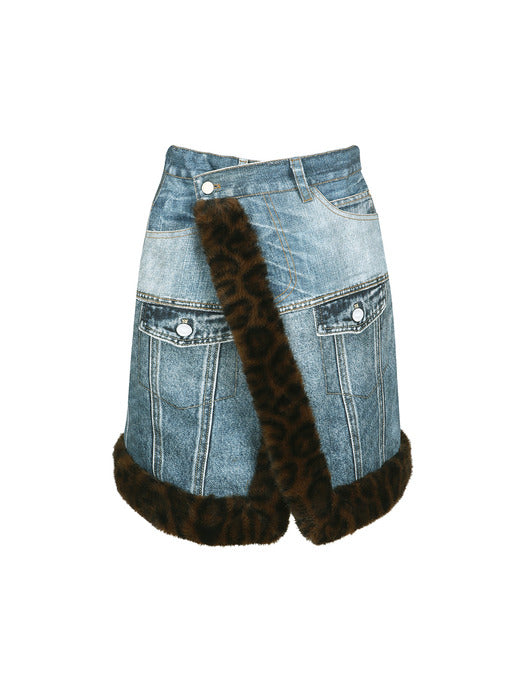 [andersson bell] FUR-EDGED DENIM PRINT SKIRT apa863w(BLUE)