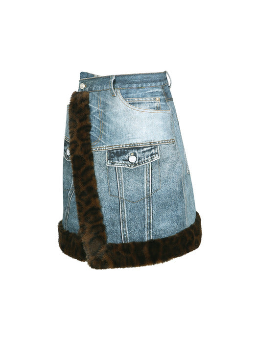 [andersson bell] FUR-EDGED DENIM PRINT SKIRT apa863w(BLUE)