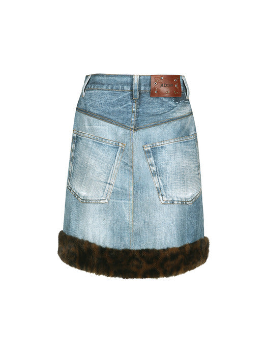 [andersson bell] FUR-EDGED DENIM PRINT SKIRT apa863w(BLUE)