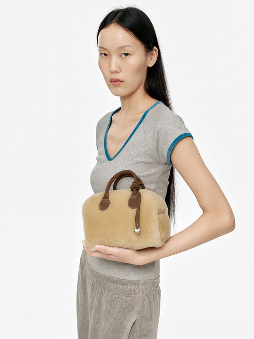 [MARGESHERWOOD] SOFT BOWLING MINI_beige shearling+chestnut nubuck