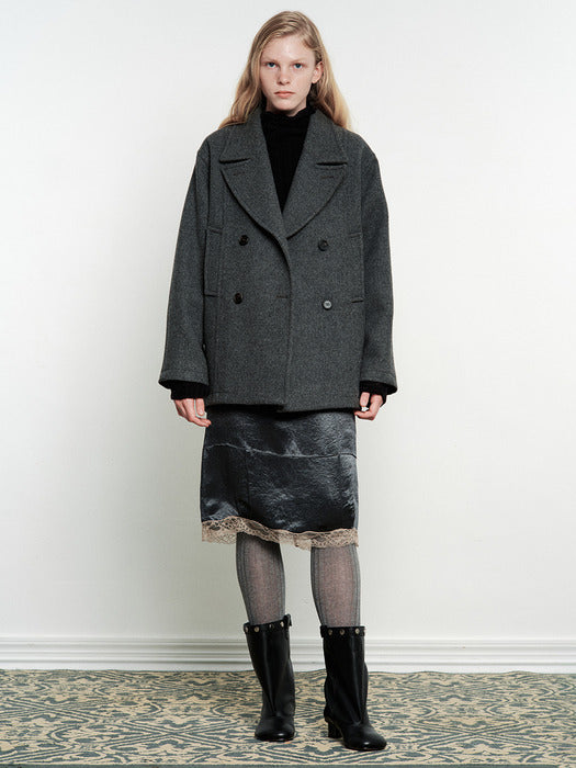 [MARGESHERWOOD] SATIN LACE MIDI SKIRT_charcoal