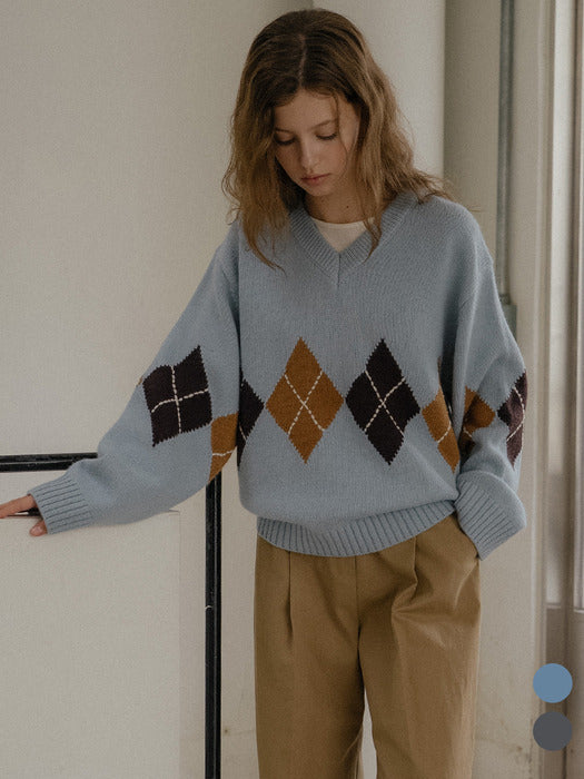 Tillidie Wool blended argyle v-neck knit