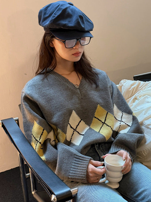 [TILLIDIE] Wool blended argyle v-neck knit [TIWT02SW05]_2color