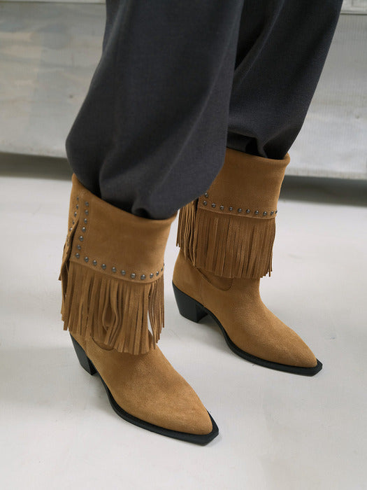 [raive] Shelva Fringe Middle Boots in Camel Wa5Ad011-92