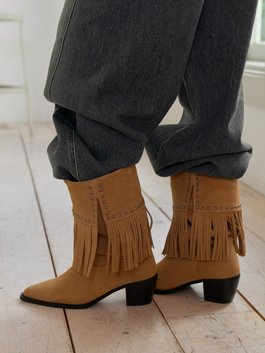 Raive Shelva Fringe Middle Boots in Camel