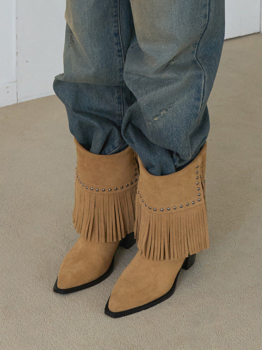 [raive] Shelva Fringe Middle Boots in Camel Wa5Ad011-92