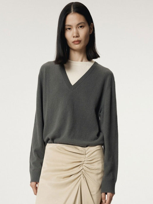 [recto] CONTRAST LAYERED V-NECK KNIT TOP (MELANGE GREY)