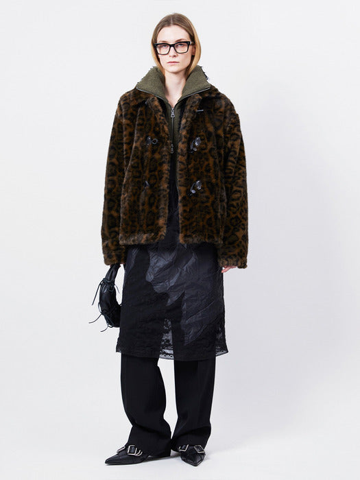 UNISEX LEOPARD FUR DUFFLE JACKET awa735u(BROWN)