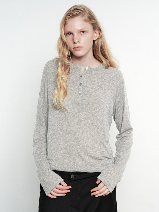 [MARGESHERWOOD] HENLEY NECK LONG SLEEVE T-SHIRT_melange grey
