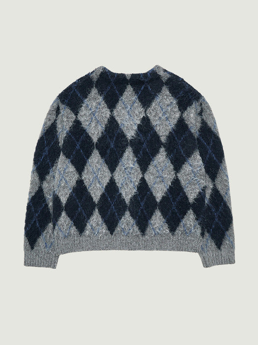 [grove] 25Wt Aria Brushed Argyle Cardigan (Navy)