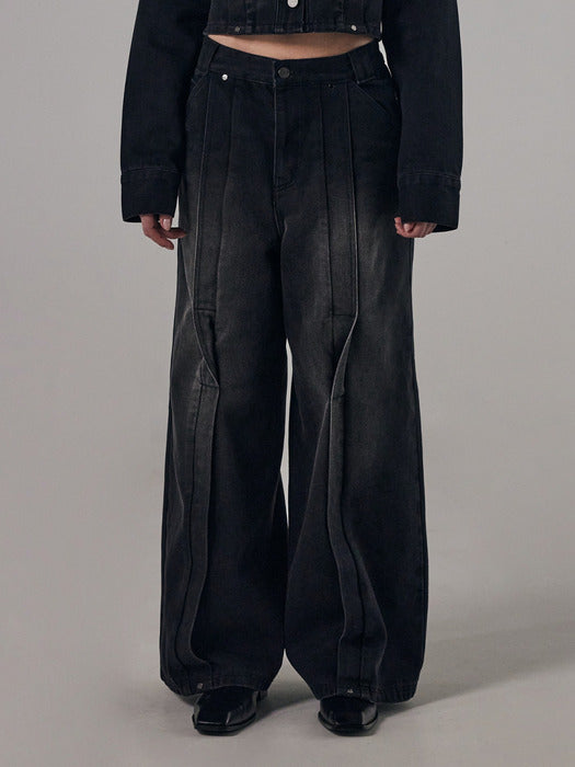 Wconcept_Treemingbird Twisted Wide Denim Set-up Pants [ Black ]