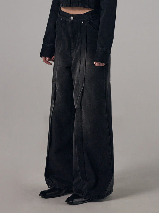 Wconcept_Treemingbird Twisted Wide Denim Set-up Pants [ Black ]