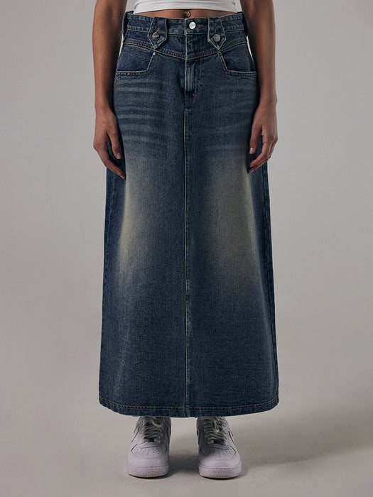 Wconcept_Treemingbird Front Yoke Denim Long Skirt [ Dark Blue ]