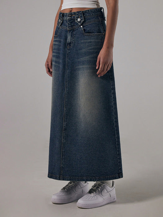 Wconcept_Treemingbird Front Yoke Denim Long Skirt [ Dark Blue ]