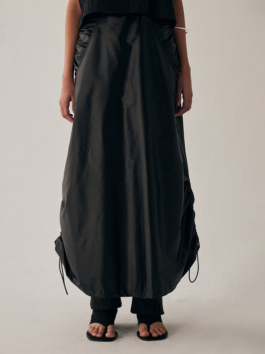 Wconcept_Treemingbird Shirring Layered Long Skirt [ Black ]