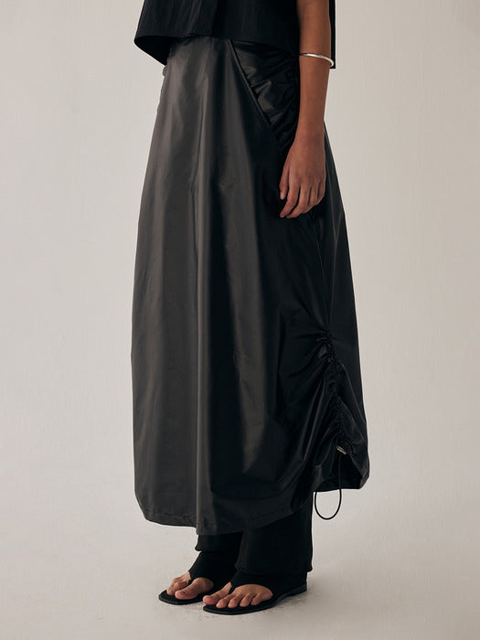 Wconcept_Treemingbird Shirring Layered Long Skirt [ Black ]