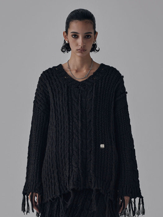 Wconcept_Treemingbird Wool Damage Tassel Knit Set-Up Pullover [ Black ]