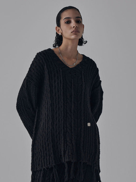 Wconcept_Treemingbird Wool Damage Tassel Knit Set-Up Pullover [ Black ]