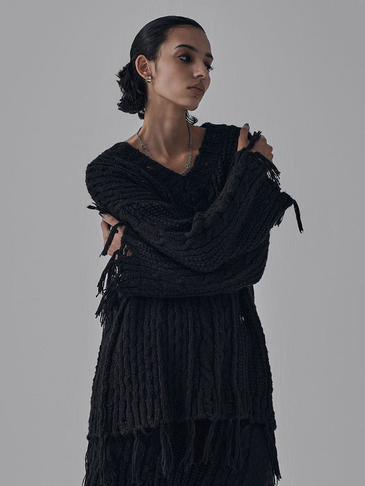 Wconcept_Treemingbird Wool Damage Tassel Knit Set-Up Pullover [ Black ]