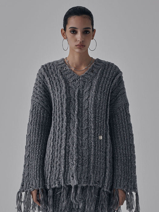 Wconcept_Treemingbird Wool Damage Tassel Knit Set-Up Pullover [ Gray ]