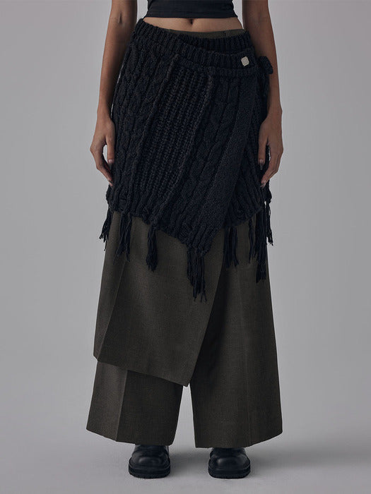 Wconcept_Treemingbird Wool Damage Tassel Knit Set-Up Layered Wrap [ Black ]