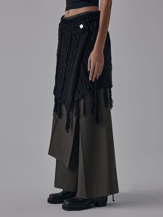 Wconcept_Treemingbird Wool Damage Tassel Knit Set-Up Layered Wrap [ Black ]