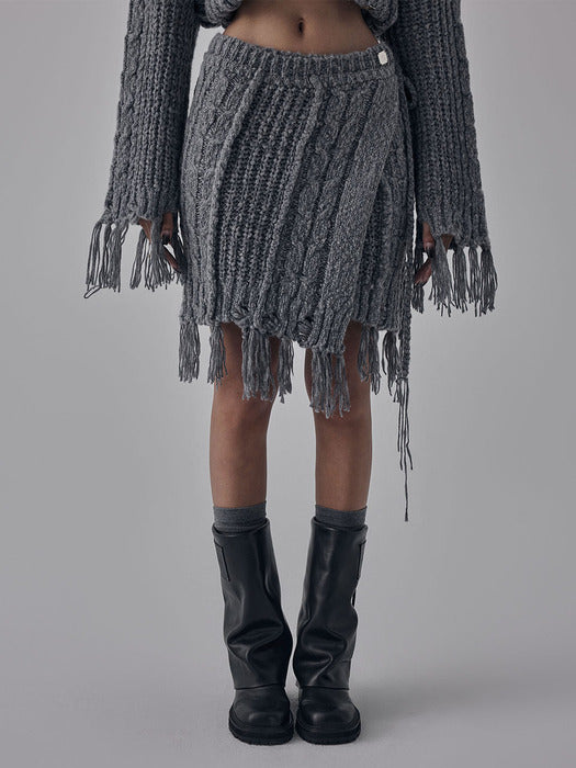 Wconcept_Treemingbird Wool Damage Tassel Knit Set-Up Layered Wrap [ Gray ]