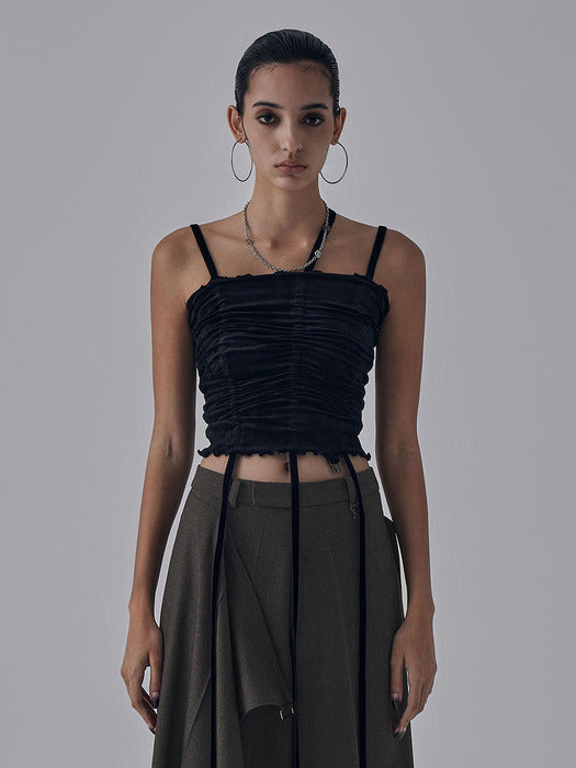 Wconcept_Treemingbird Velvet String Shirring Layered Top [ Black ]